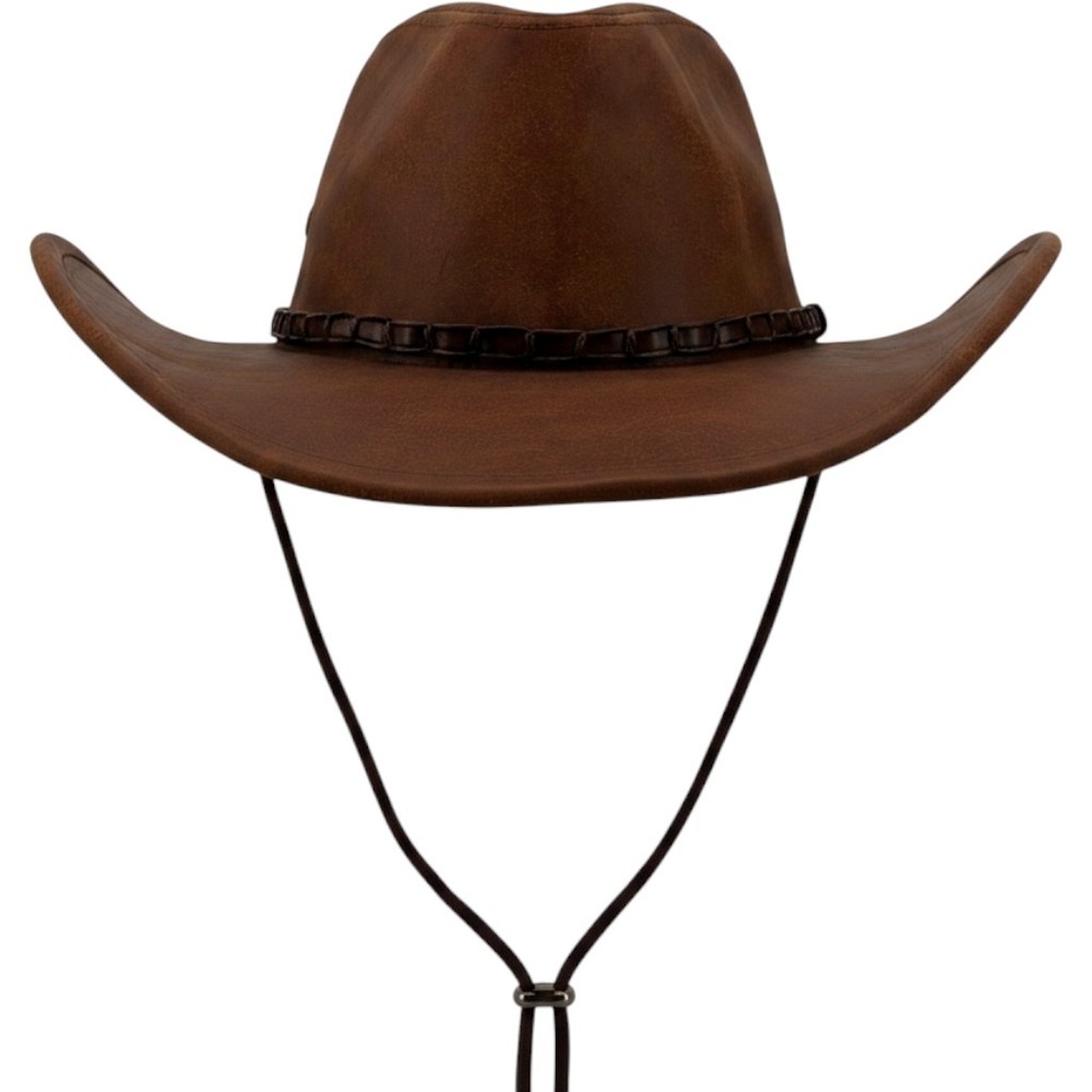 Cowboy Hat Mens 57.5cm Brown Faux Leather Western Wide Brim Chin Strap